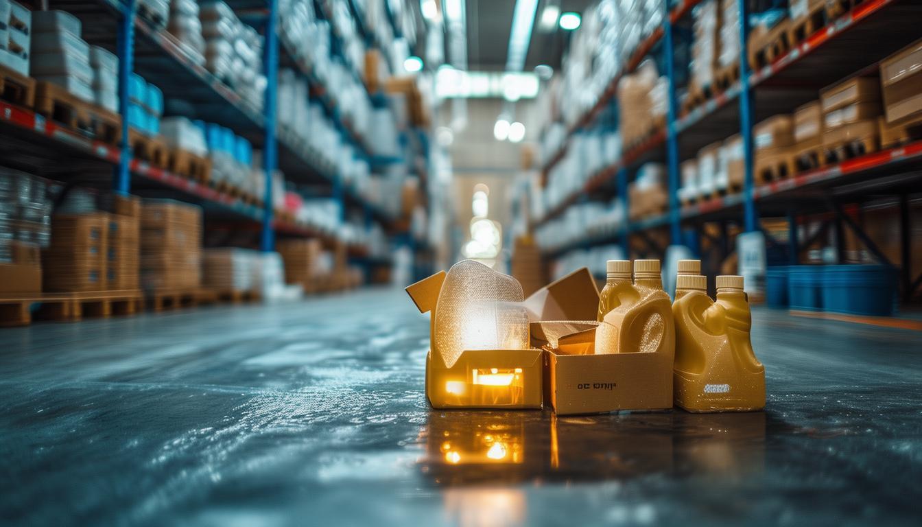 Assorted household consumer goods in cartons stacked on pallets in a container warehouse