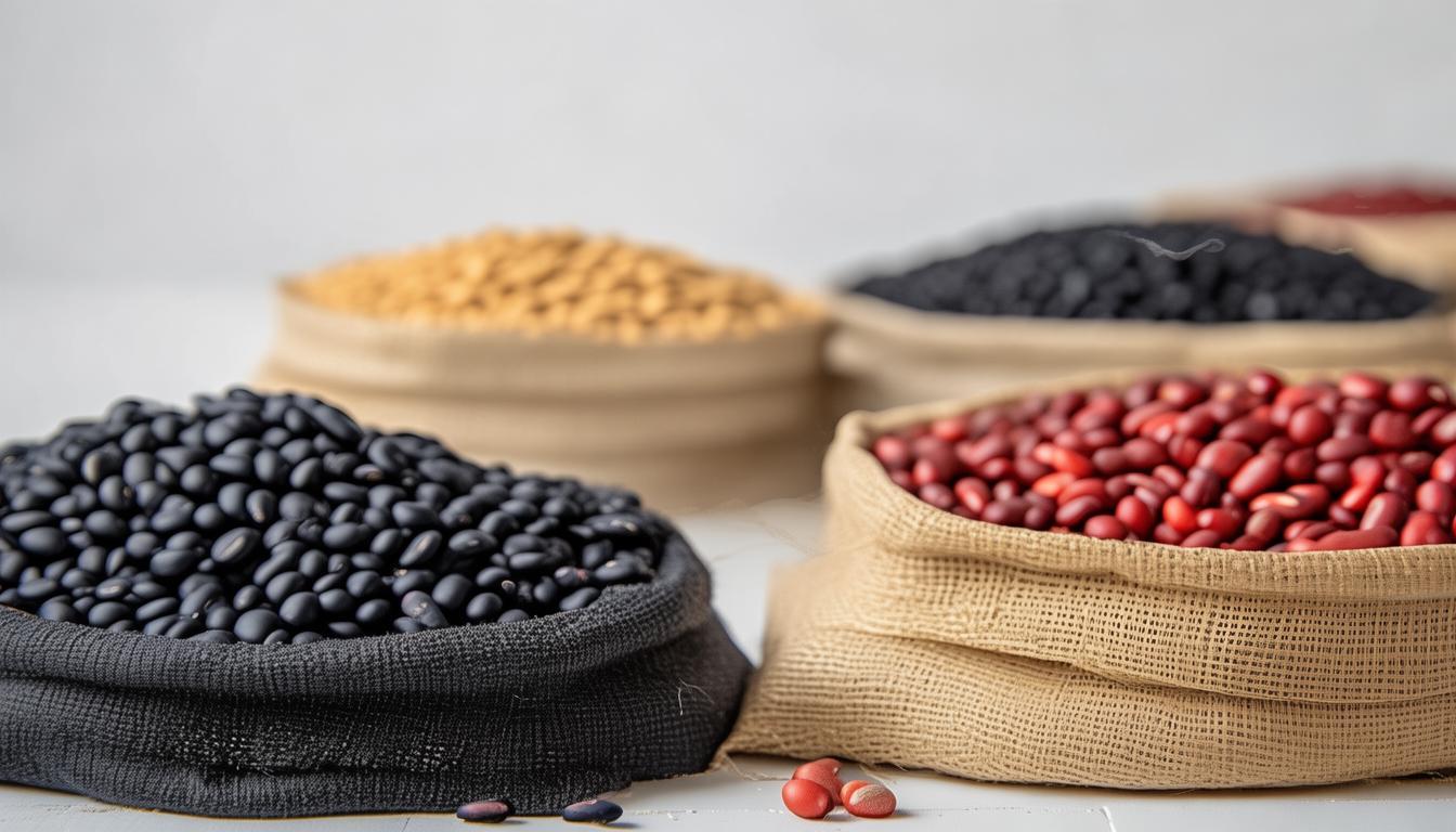 Dried beans in open bags showing uniform grain quality, inspected before loading