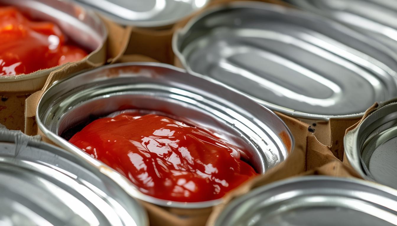 Plain unlabelled metal food cans of tomato paste and fish packed in export cartons