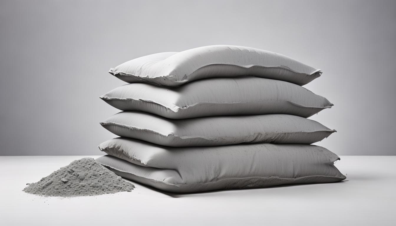 Grey cement bags stacked in a bundle with a small pile of grey cement powder beside