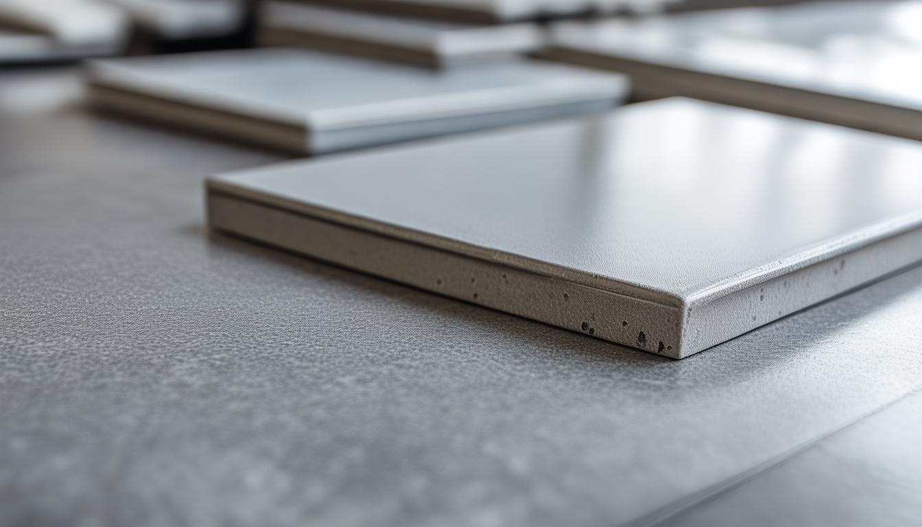 Grey polished ceramic floor tiles stacked with a few loose tiles showing the surface texture