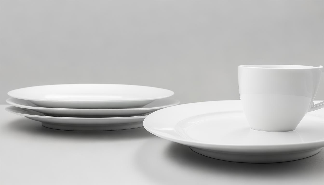 Plain white porcelain dinner plates, bowls and cups arranged as a set