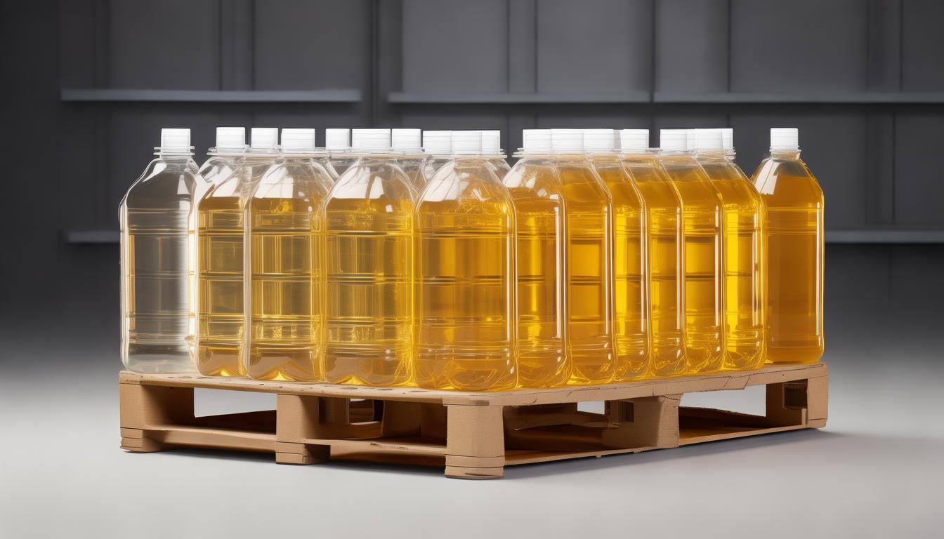 Clear PET bottles and transparent jerrycans of golden cooking oil on a wooden pallet