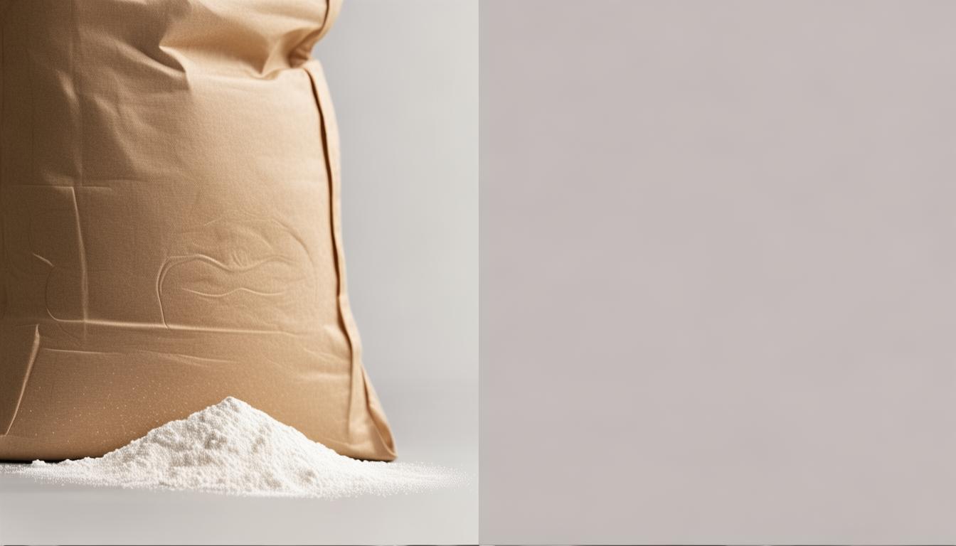 Wheat flour in kraft paper and polypropylene bags on a pallet in a milling plant