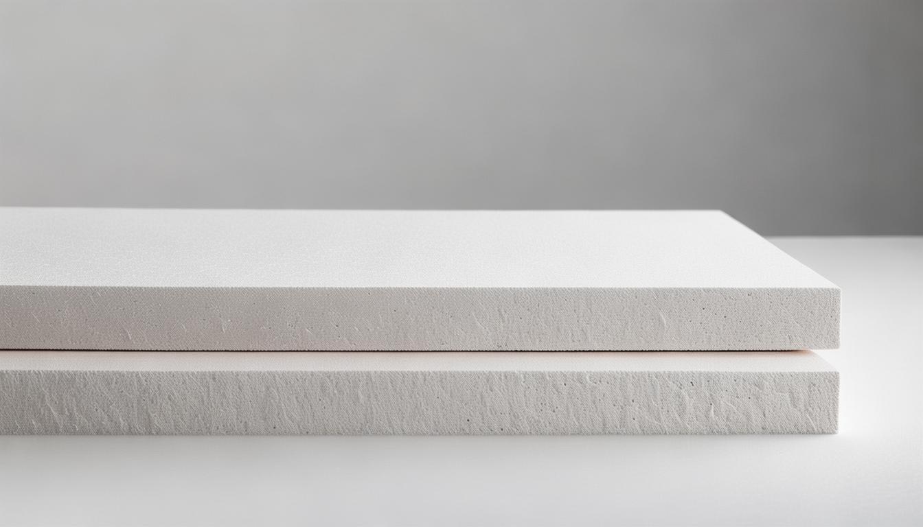Gypsum plaster boards stacked flat showing the paper faced edges
