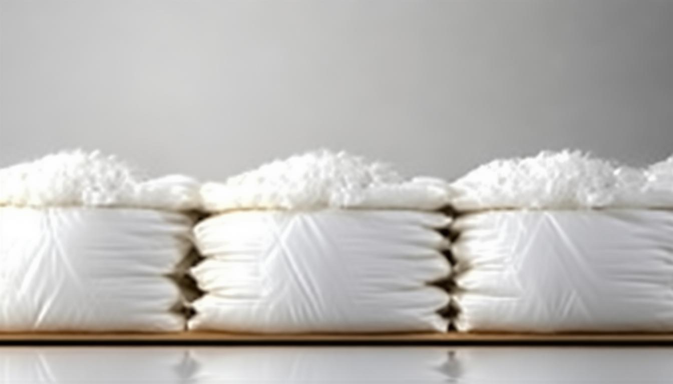Woven polypropylene rice bags stacked on a warehouse pallet, ready for container loading
