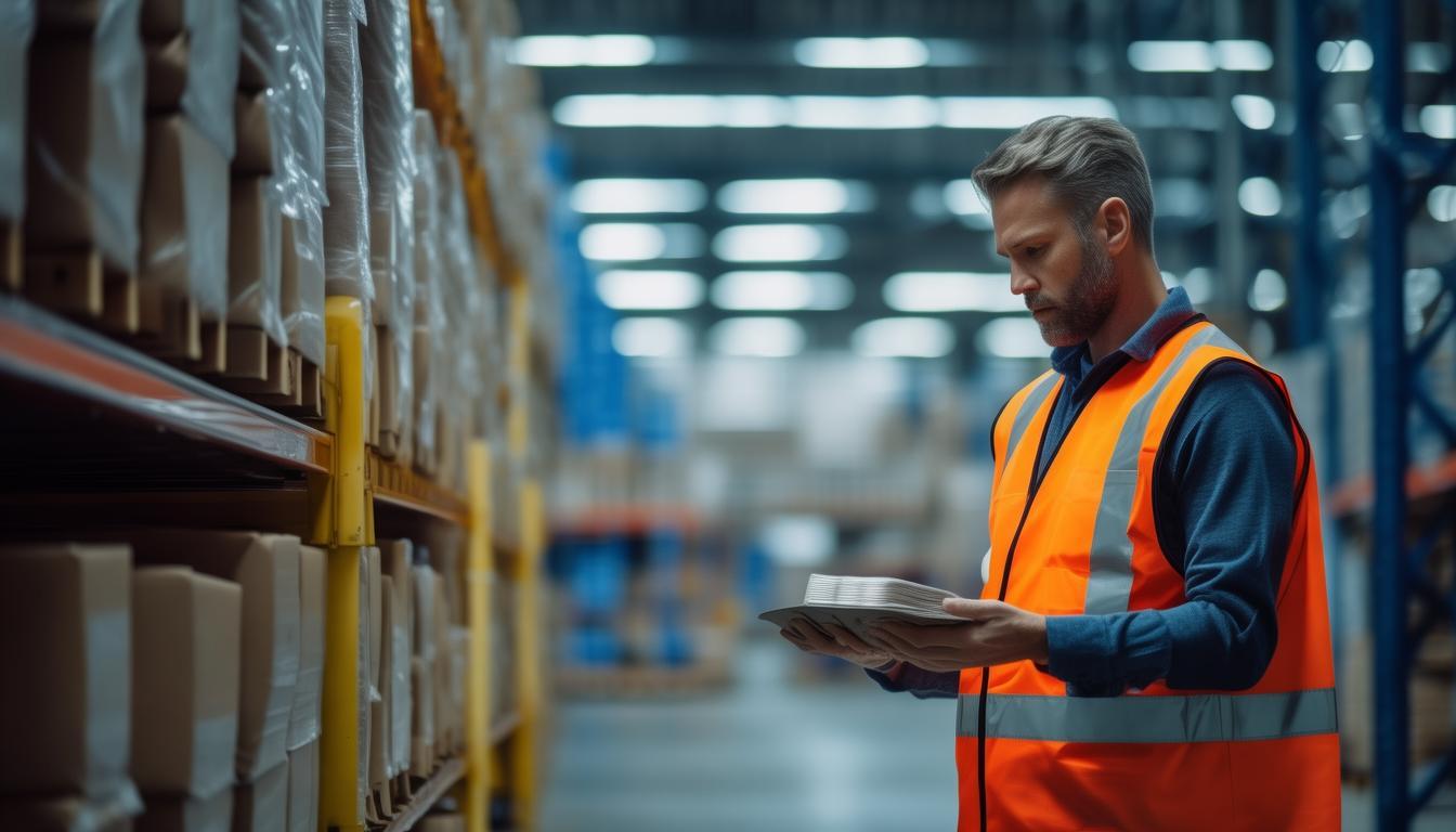 Quality inspector checking stacked cartons with a clipboard